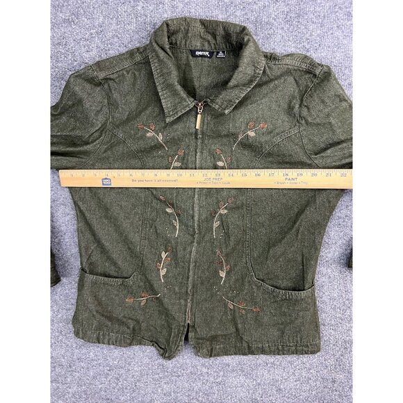 Krazy Kat Jacket Women's XL Green Floral Embroidered Full Zip Pockets Collared - Picture 3 of 6
